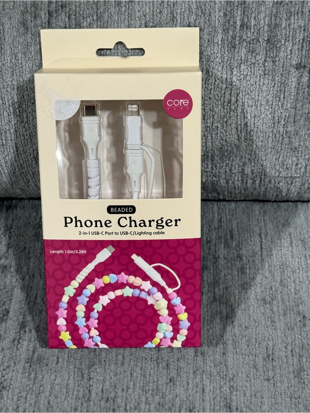 Home White Beaded Phone Charger - 2-in-1 USB-C to USB-C/Lightning